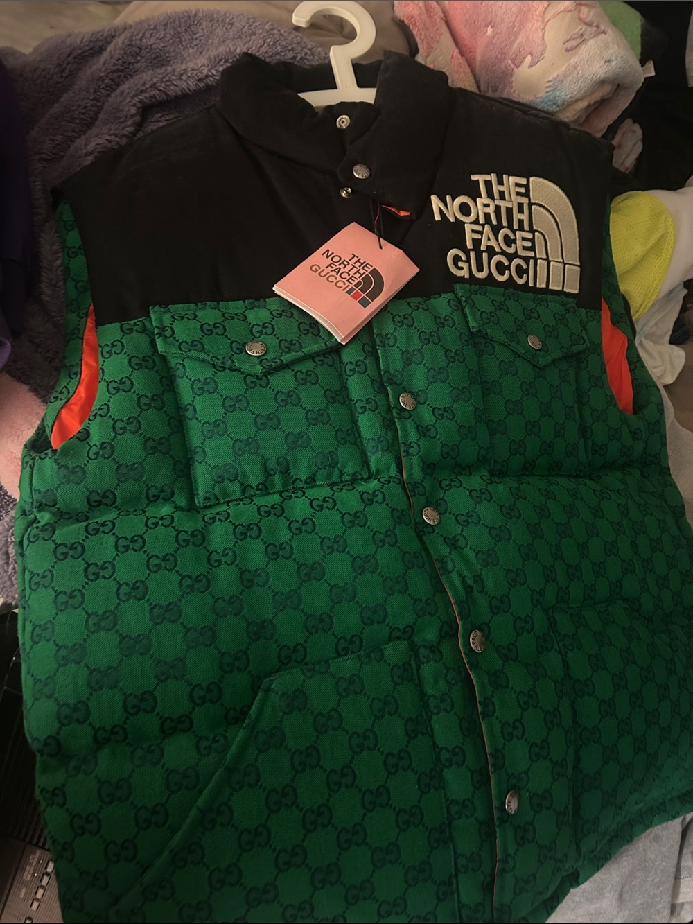 The North Face x Gucci Green & Black Logo Puffer Vest with Orange Accents